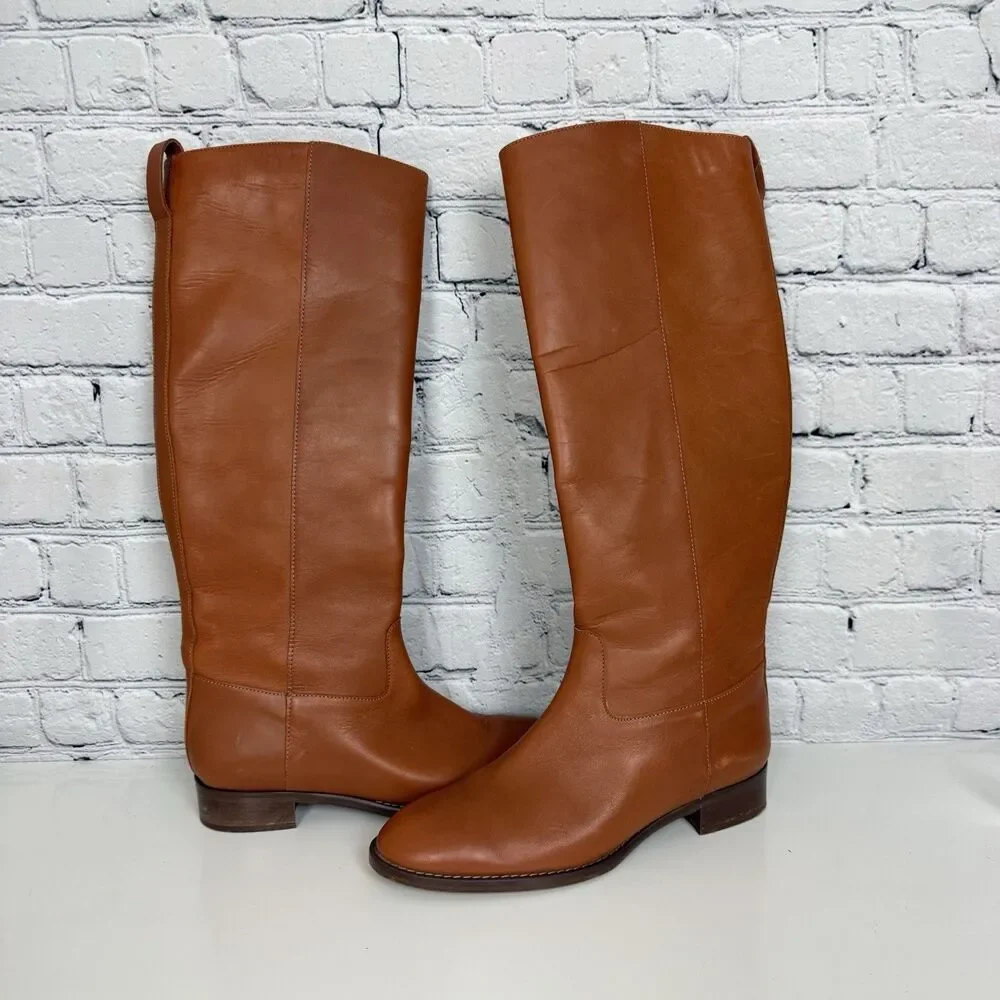 J Crew Leather Knee High Tall Riding Boot Womens Size 8 Cognac Brown Low Heel